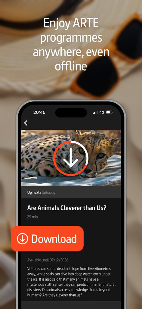 A screenshot of the ARTE.tv app displaying the download button for offline viewing of a documentary.