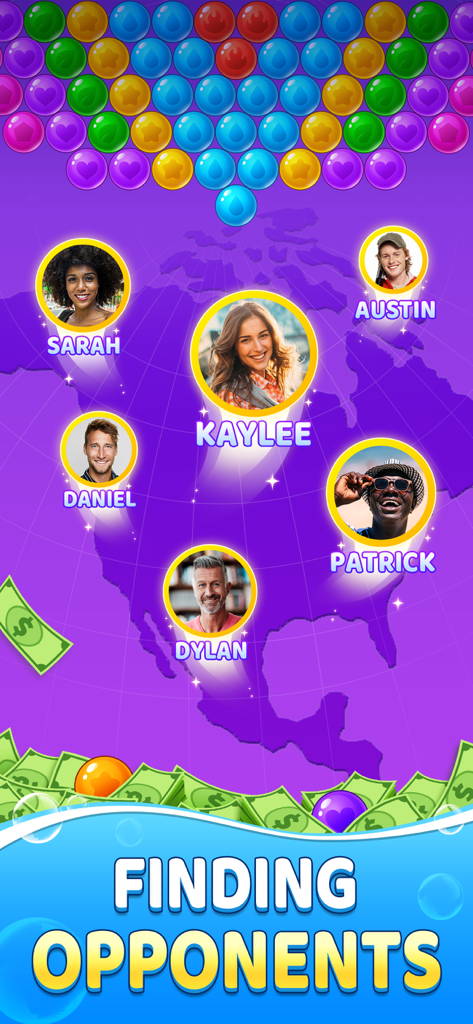 Bubble Clash: Win Real Cash - A screen from Bubble Clash showing the matchmaking process with diverse player avatars on a purple map and cash prizes at the bottom.