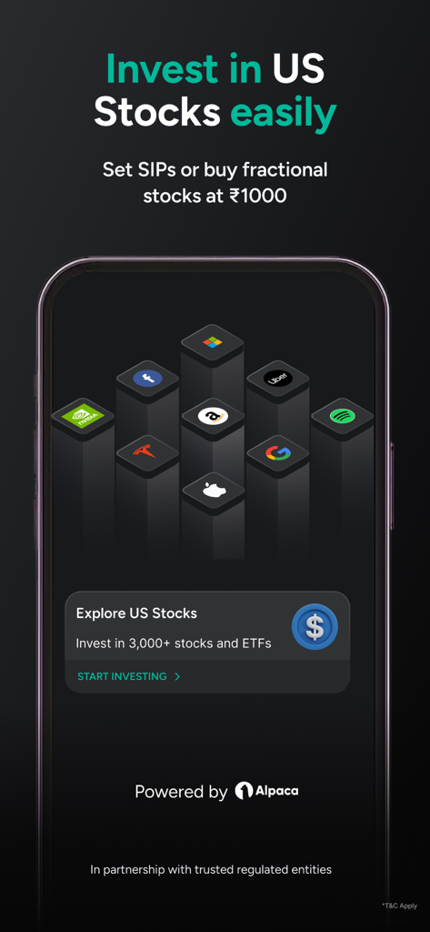 Fi Money app screen showing US stock investment options with company logos