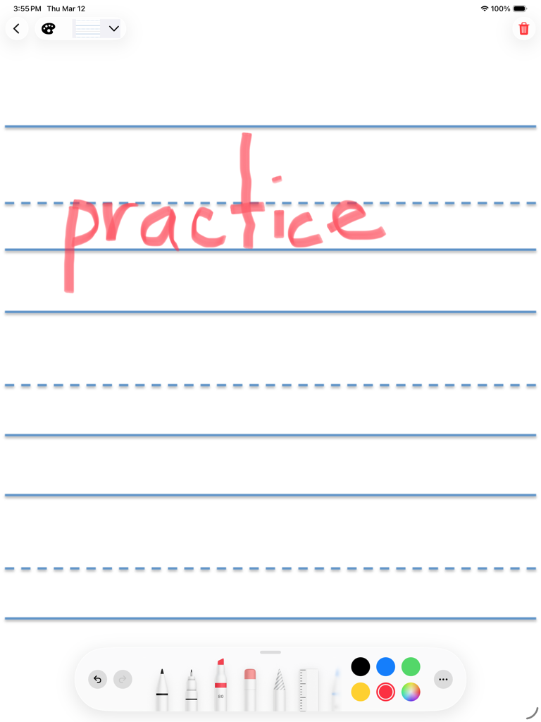 doodle write - iPad screen showing handwriting practice in the doodle write app with the word practice written in pink ink on lined paper