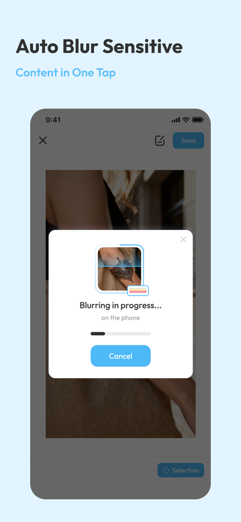WuMask - WuMask app interface showing auto blur processing for sensitive content on a smartphone.