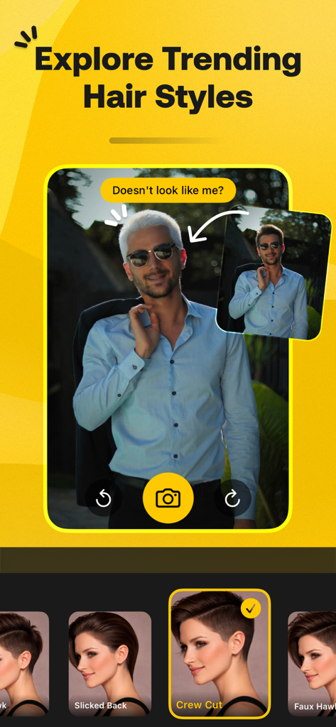 Hair Color & Style Changer AI - StyleGen app interface showing a male user trying on a blonde hairstyle and a selection of trending cuts