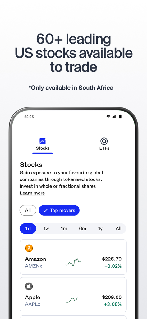 Luno Mobile App-Oberfläche, die eine Liste von US-Aktien wie Amazon und Apple für den Handel anzeigt.