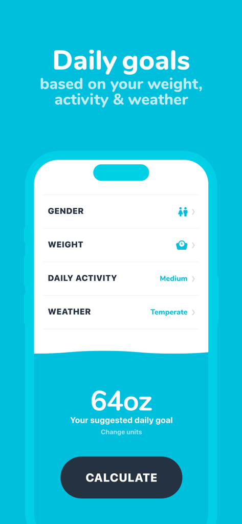 Waterllama app screen showing personalized water intake calculation based on weight, activity, and weather.