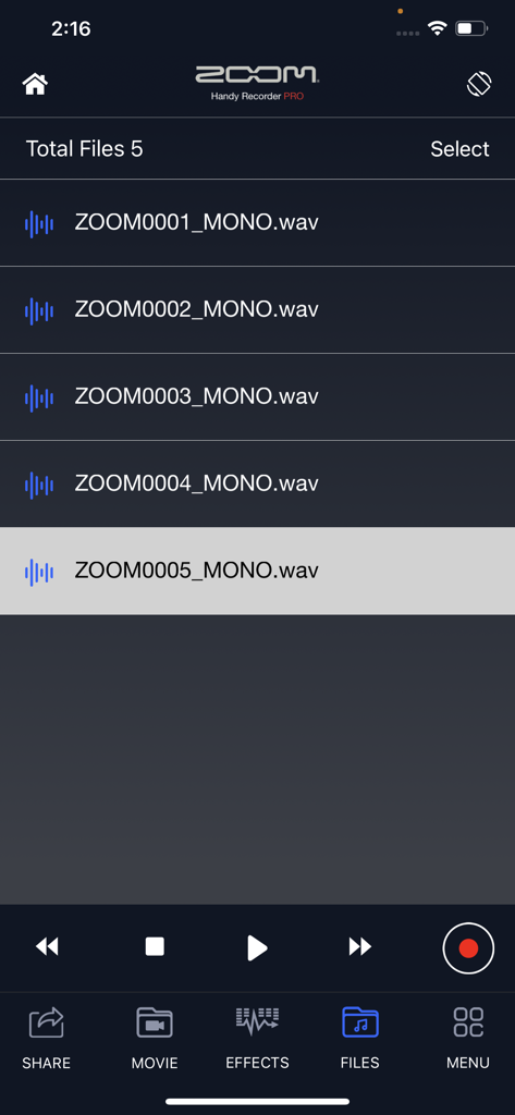 Handy Recorder PRO - The file library screen in Handy Recorder PRO displaying a list of recorded mono WAV audio files.