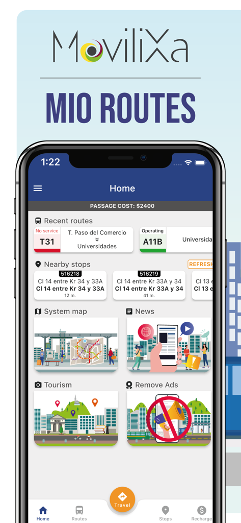 Home interface of the Rutas MIO transit app showing bus routes and nearby stop locations