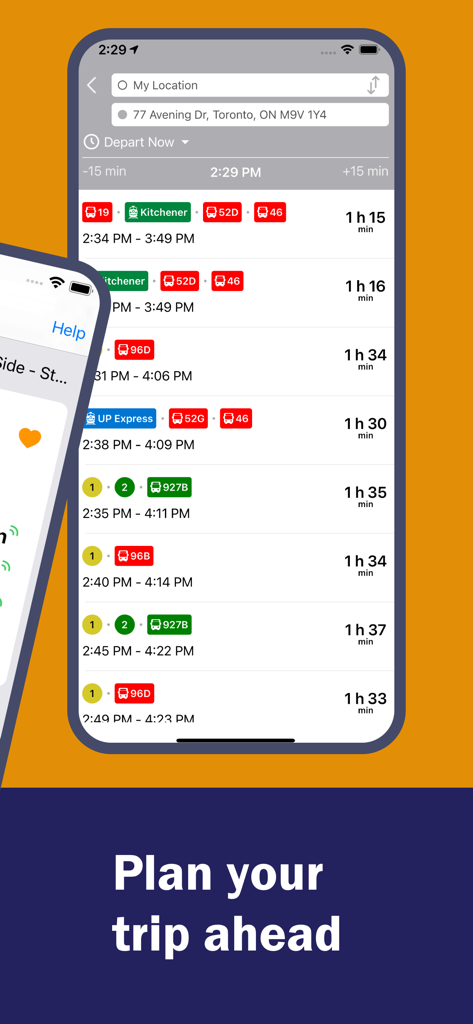 My TTC - Toronto Bus Tracker - My TTC Toronto Bus Tracker app interface showing transit route planning and travel times
