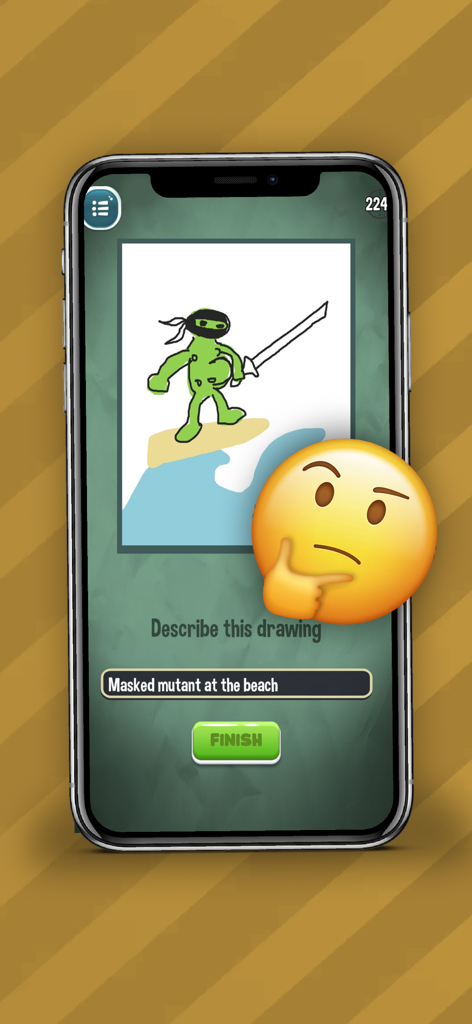 Drawing Phone | Draw & Guess - Un usuario adivinando la descripción de un dibujo que muestra una rana ninja verde en la playa en Drawing Phone.