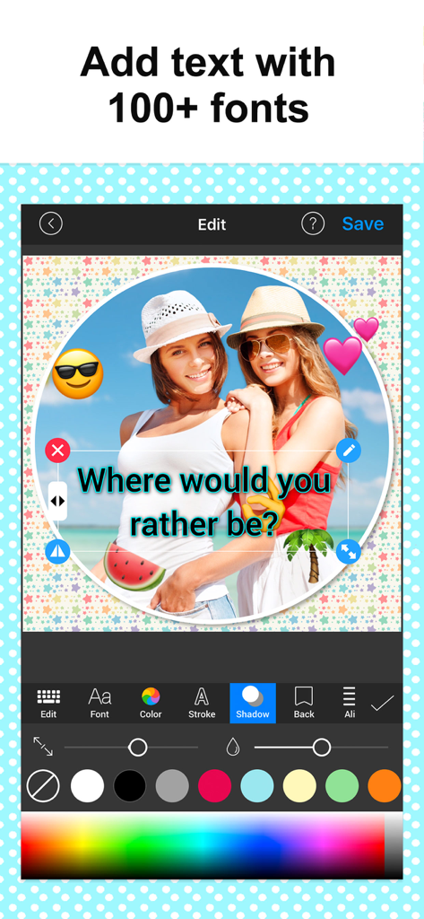 L'interface de l'outil de création de collages photo permet d'ajouter du texte et d'éditer des emojis sur une photo de voyage avec différentes options de police.