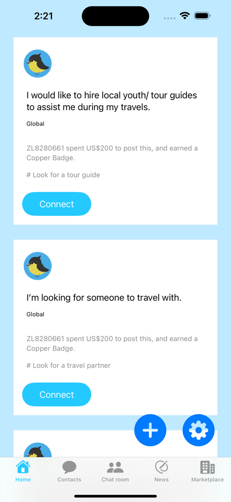Coin birds - Interface of the Coin birds app showing travel partner and tour guide requests