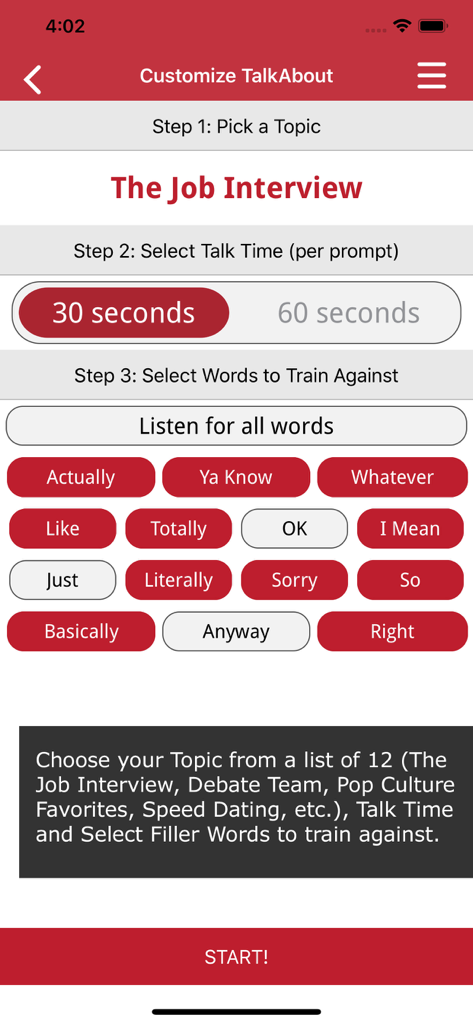 Customize TalkAbout speech session in LikeSo app for a job interview.