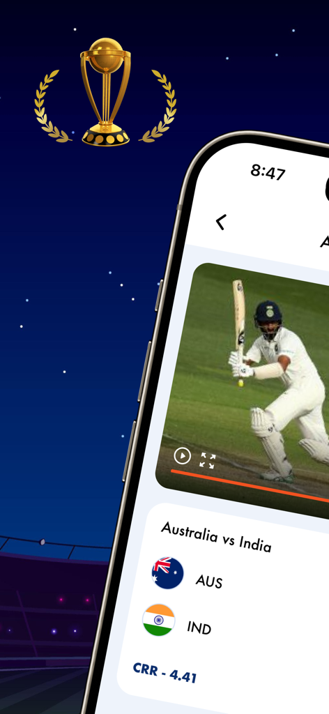 Live Cricket TV HD Sports - Pantalla de aplicación móvil que muestra un partido de cricket en vivo y actualizaciones de marcador para Australia contra India