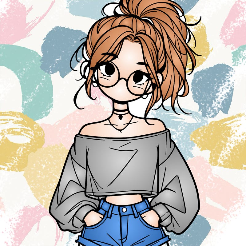 girl with a messy ponytail glasses a baggy crop top and jean shorts