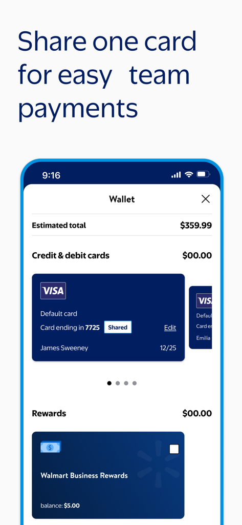 Screenshot of the Walmart Business app wallet interface showing a shared credit card for team procurement and rewards balance