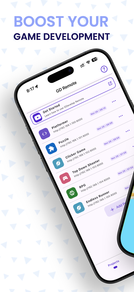 GDev Remote - for GDevelop - List of game projects available for mobile testing in the GDev Remote app interface