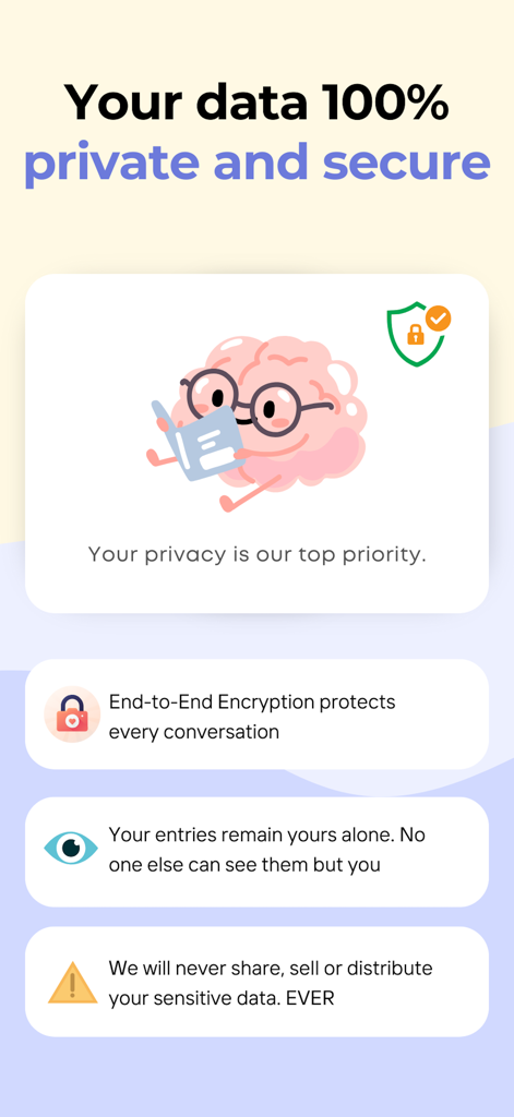 Pantalla de la aplicación Vent Now que detalla las características de privacidad de datos, incluido el cifrado de extremo a extremo y el almacenamiento seguro.