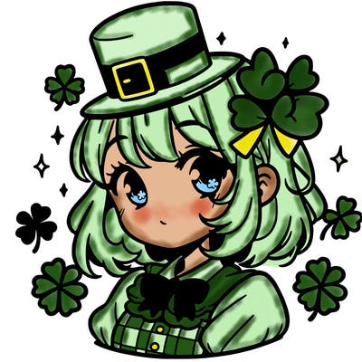 a manga-style girl with clovers around her, a little hat in her hair, like it's saint patrick's day