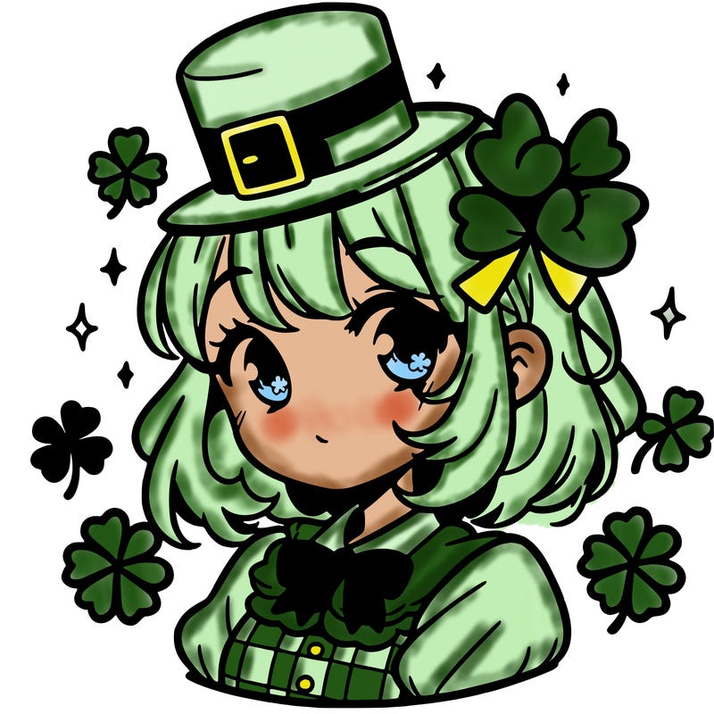 a manga-style girl with clovers around her, a little hat in her hair, like it's saint patrick's day