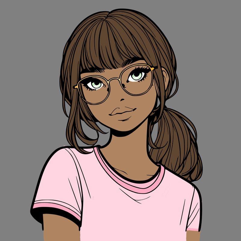 realistic girl with freckles and clear glasses