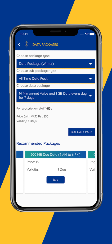 Nepal Telecom - Interfaz de la aplicación Nepal Telecom que muestra varios paquetes de datos móviles y la opción de comprarlos.