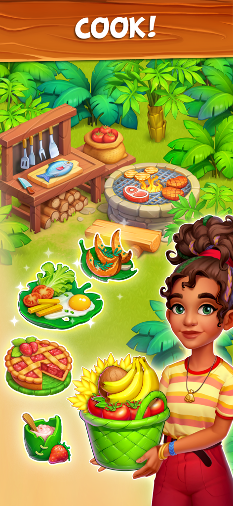Family Farm - Farming Game - A character holding a basket of tropical fruits next to various cooked dishes in a jungle setting