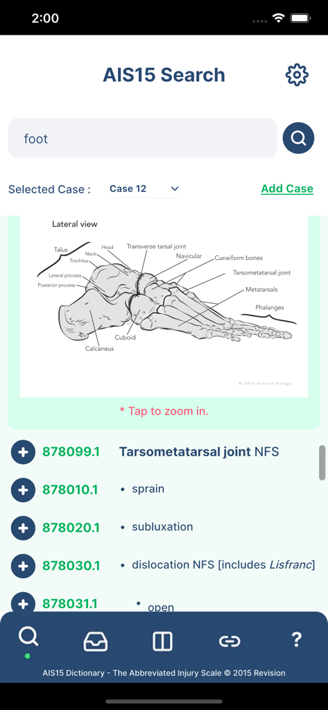 AIS Digital Dictionary - Interface of the AIS Digital Dictionary showing a search for foot injuries with an anatomical diagram and medical coding options.
