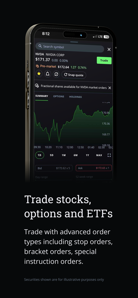 Questrade Edge Mobile - Smartphone exibindo o aplicativo Questrade Edge Mobile com um gráfico de ações e opções de negociação avançadas para NVDA