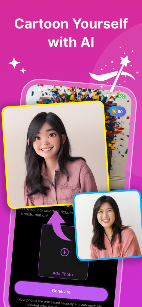 AI Video Edit Maker - Touchify - AI Video Edit Maker app interface showing a real photo transformed into a cartoon style using AI