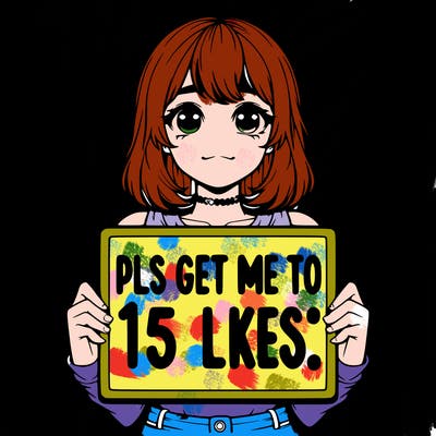 realistic girl holding up a sign that says “pls get me to 15 likes!”