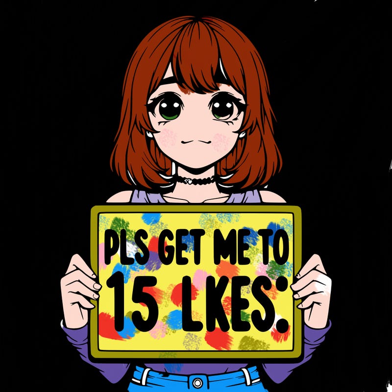 realistic girl holding up a sign that says “pls get me to 15 likes!”