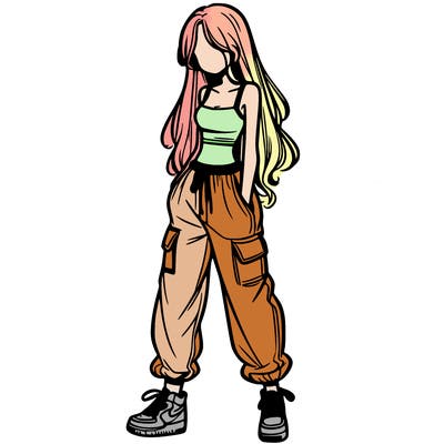 girl in baggy pants crop top and long hair