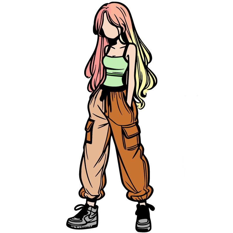 girl in baggy pants crop top and long hair