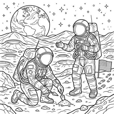 Relive humanity's greatest adventure with this captivating coloring page featuring two Apollo astronauts on the lunar surface. Immerse yourself in the intricate details of their space suits and the alien landscape, ready for your artistic interpretation.