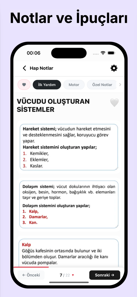 Turkish driving exam app interface displaying first aid study notes about body systems.