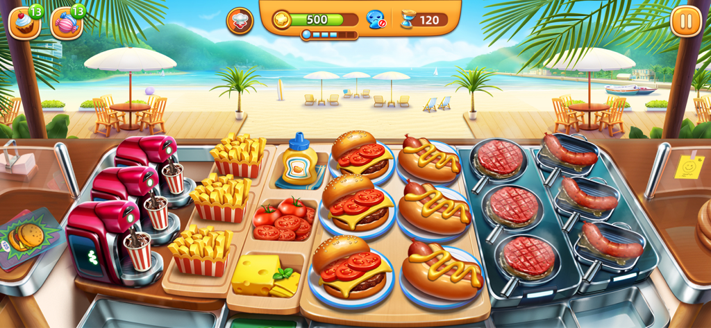 Cooking City gameplay screenshot of a tropical beach restaurant serving burgers hot dogs and fries.