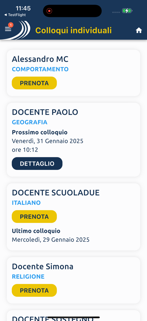 Interface of MasterCom Famiglie 2.0 app showing a list of teachers to book parent-teacher meetings