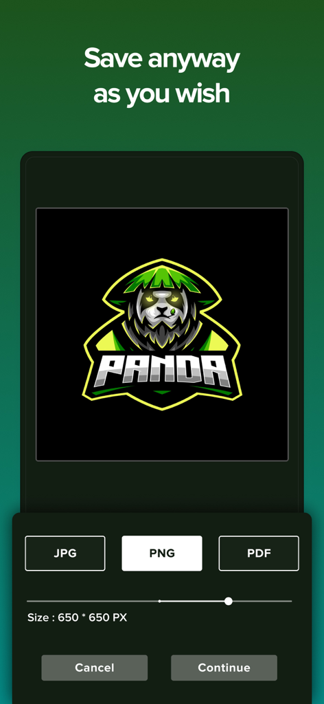 Logo Esport Maker - Mascot - Interface of the esports logo maker app showing file export options for a panda mascot logo