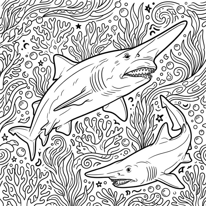 Uncover the fascinating world of the deep ocean with this captivating Goblin Shark coloring page. Render these ancient, enigmatic creatures and their intricate underwater habitat with your favorite colors.