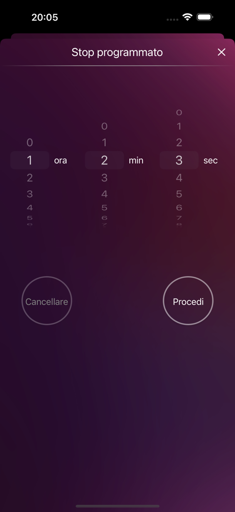 Schermata delle impostazioni del timer di spegnimento di My Radio Online Italia che mostra il selettore dell'ora per ore minuti e secondi