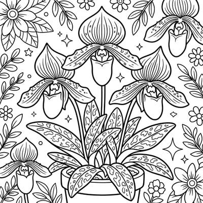 Dive into the wonderful world of flowers with this captivating Paphiopedilum 'Slipper' Orchid coloring page, specially designed for kids. Young artists will love bringing these unique blooms and their intricate leaves to life with their favorite colors.