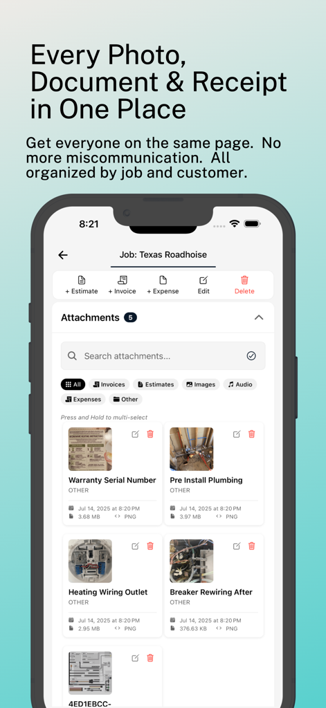 Plyer Electrician Field App - Interfaz de aplicación móvil que muestra documentos de trabajo organizados y fotos para contratistas eléctricos