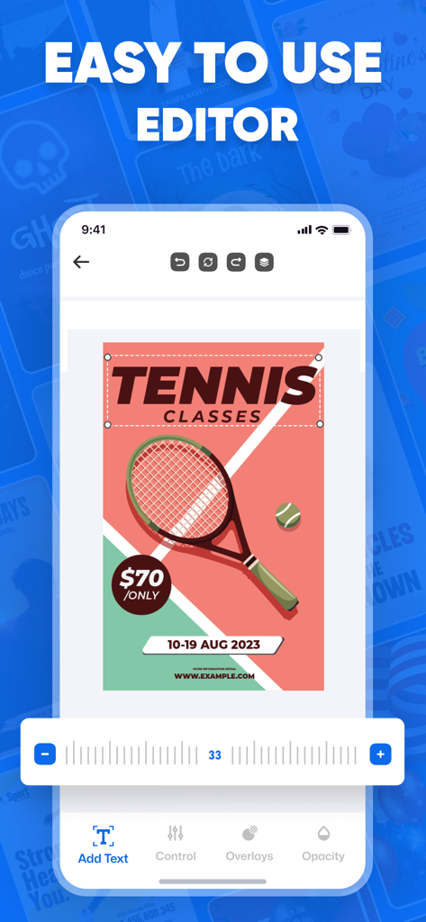 Poster Maker: & Flyer Maker - Interface de l'application Créateur d'affiches montrant l'éditeur facile à utiliser avec un modèle de flyer pour des cours de tennis