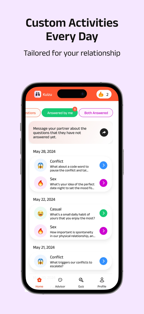Kuizu: Couples Relationship AI - A smartphone displaying the Kuizu app interface with customized daily relationship activities and questions for couples.