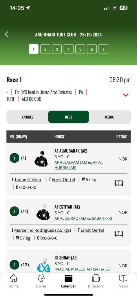 Emirates Racing Authority - Race 1 horse declarations for Abu Dhabi Turf Club in the Emirates Racing Authority app