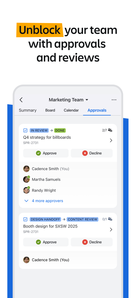 Application mobile Jira Cloud montrant l'écran des approbations et des révisions de l'équipe pour les tâches marketing