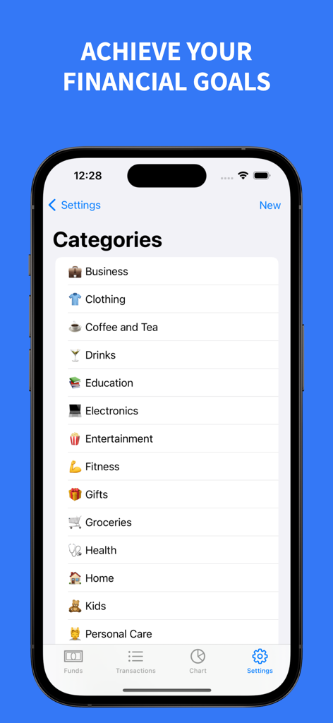 A smartphone screen displaying a list of customizable budget categories in the Petty Cash app such as Groceries, Entertainment, and Fitness.