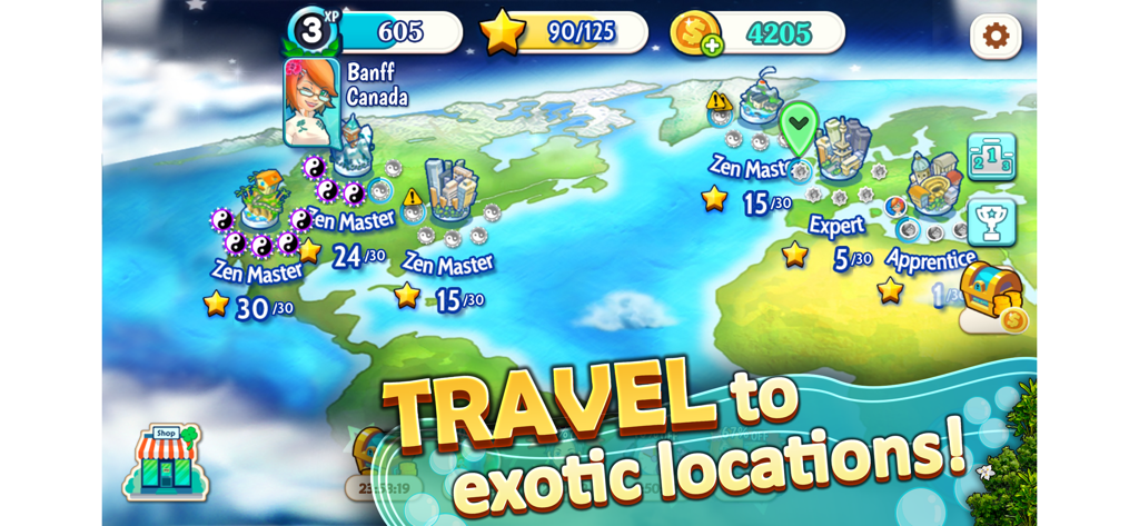 Sallys Spa world map showing travel destinations and level progress