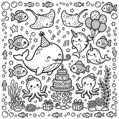 Get ready to dive into an adorable underwater celebration with this delightful Kawaii Ocean Birthday coloring page. Featuring cute sea creatures like whales, narwhals, and octopuses, all gathered for a joyful party with cake, balloons, and presents.