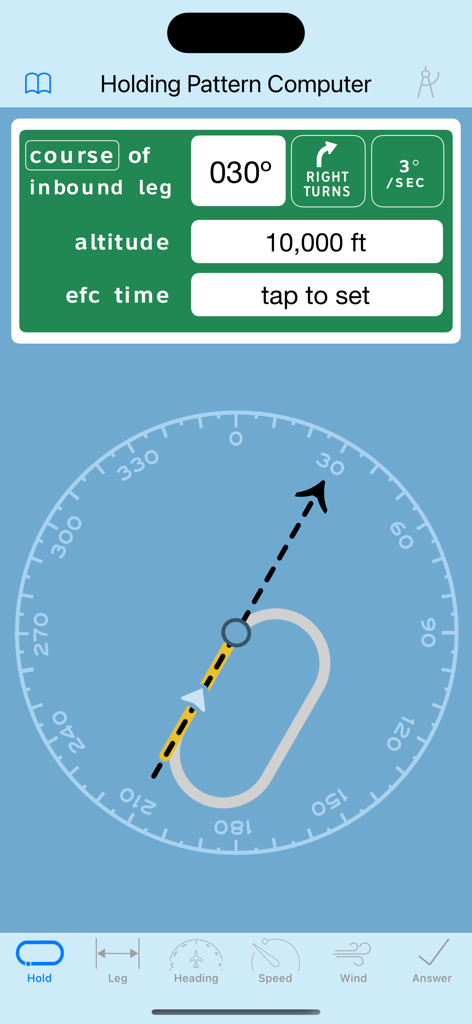 Mobile app interface for calculating holding patterns with inbound leg course and navigation diagram