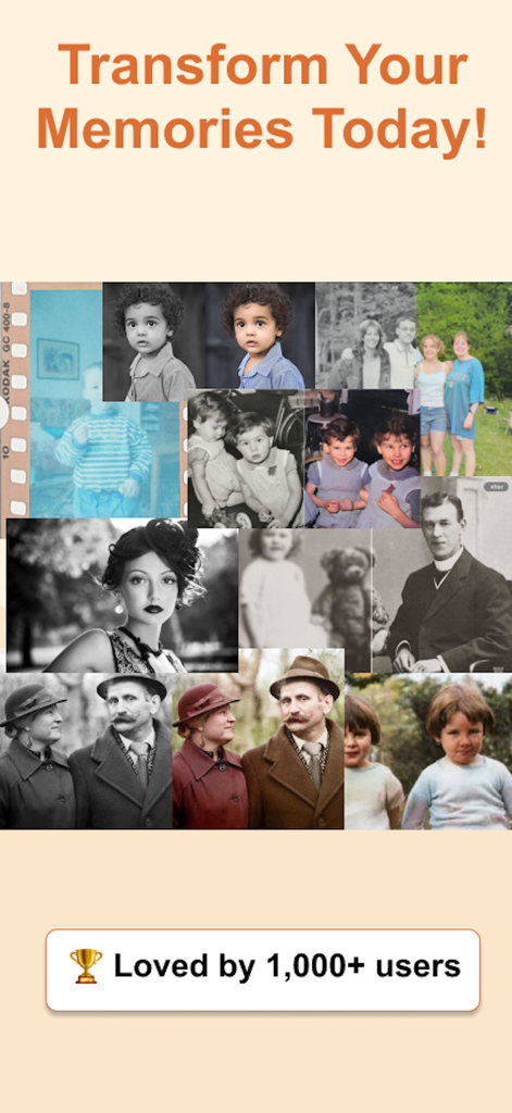 ネガフィルムスキャナーアプリを使用してカラー化および復元されているヴィンテージの白黒家族写真のコラージュ